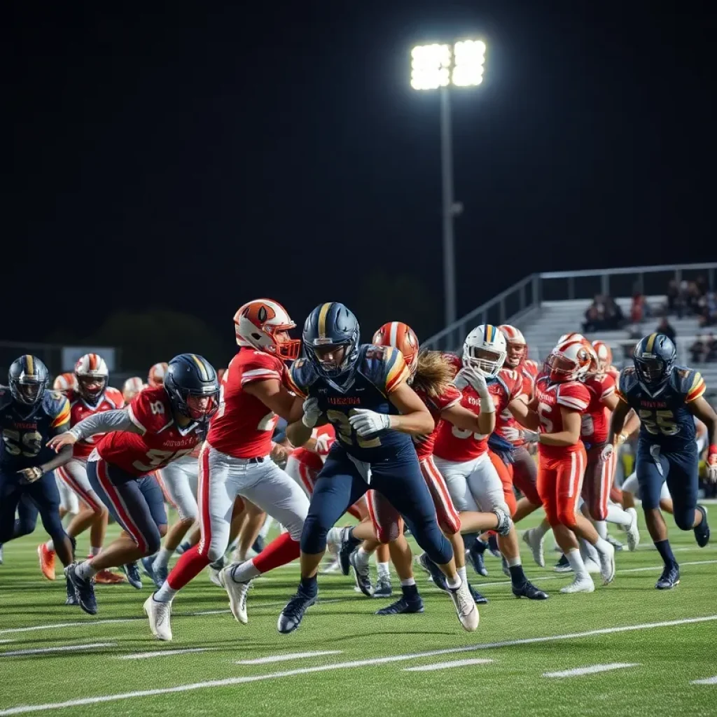 Students playing high school football in an exciting match under stadium lights