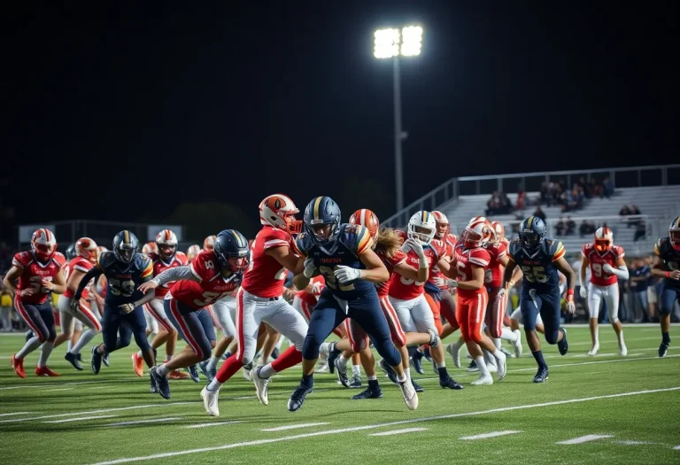 Students playing high school football in an exciting match under stadium lights