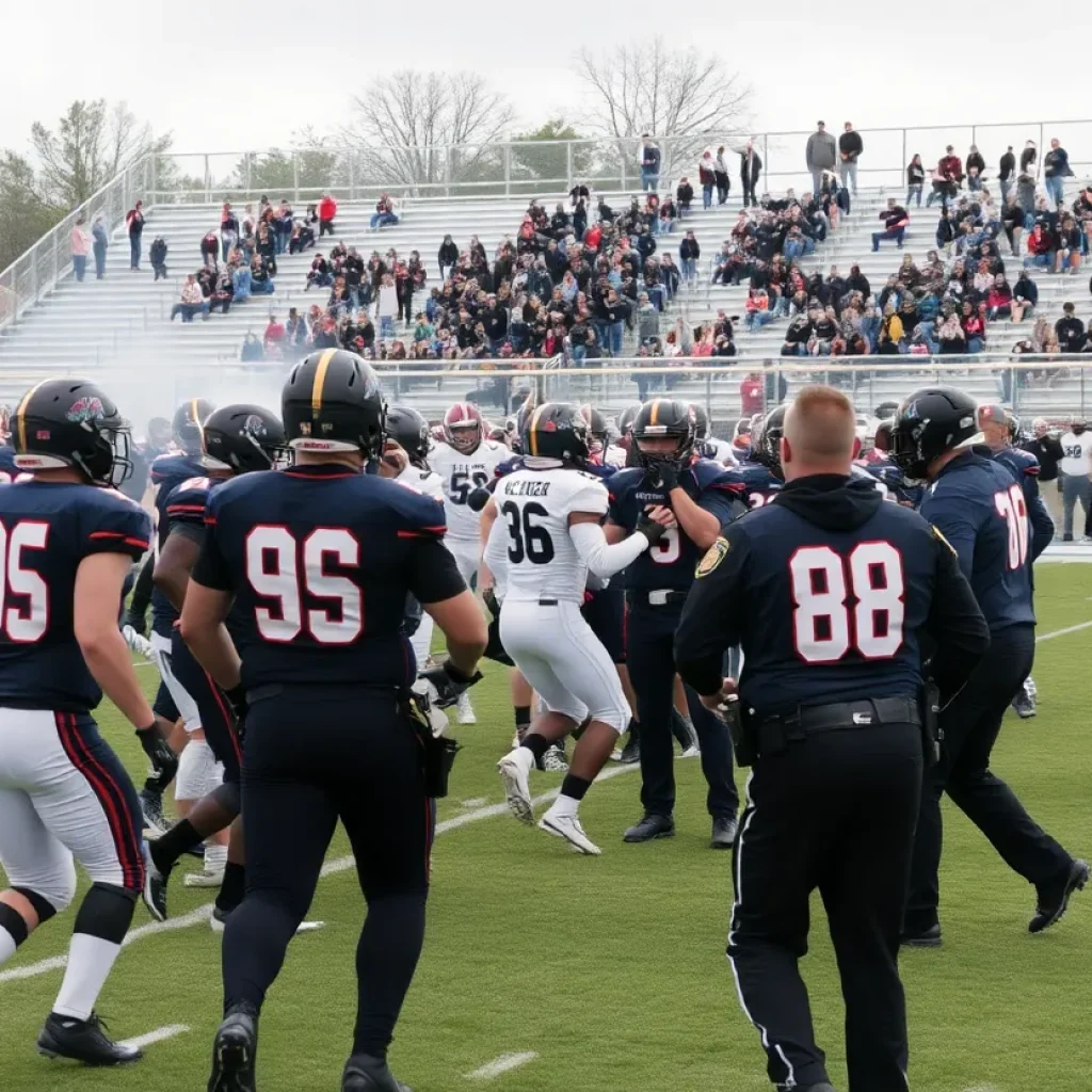 Players and police at a high school football game in chaos.