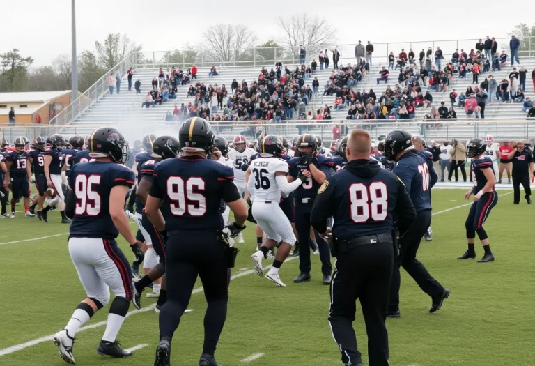 Players and police at a high school football game in chaos.