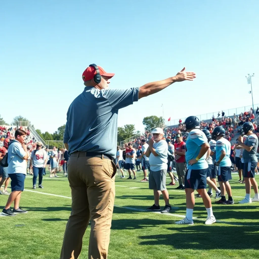 Coaches leading high school football players on the field during a game.