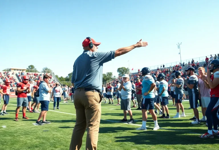 Coaches leading high school football players on the field during a game.