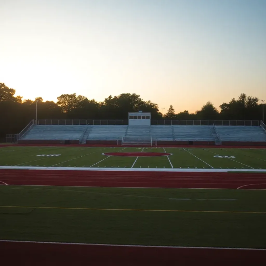 An empty high school football field with bleachers under a sunset sky.
