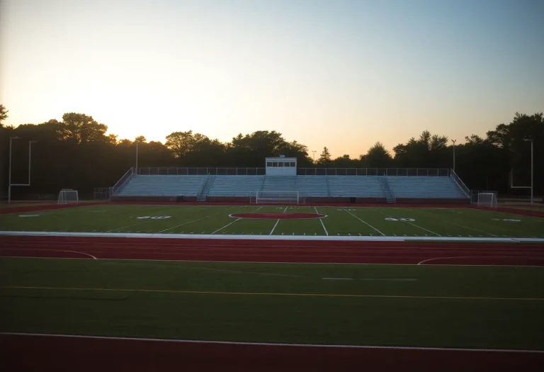 An empty high school football field with bleachers under a sunset sky.