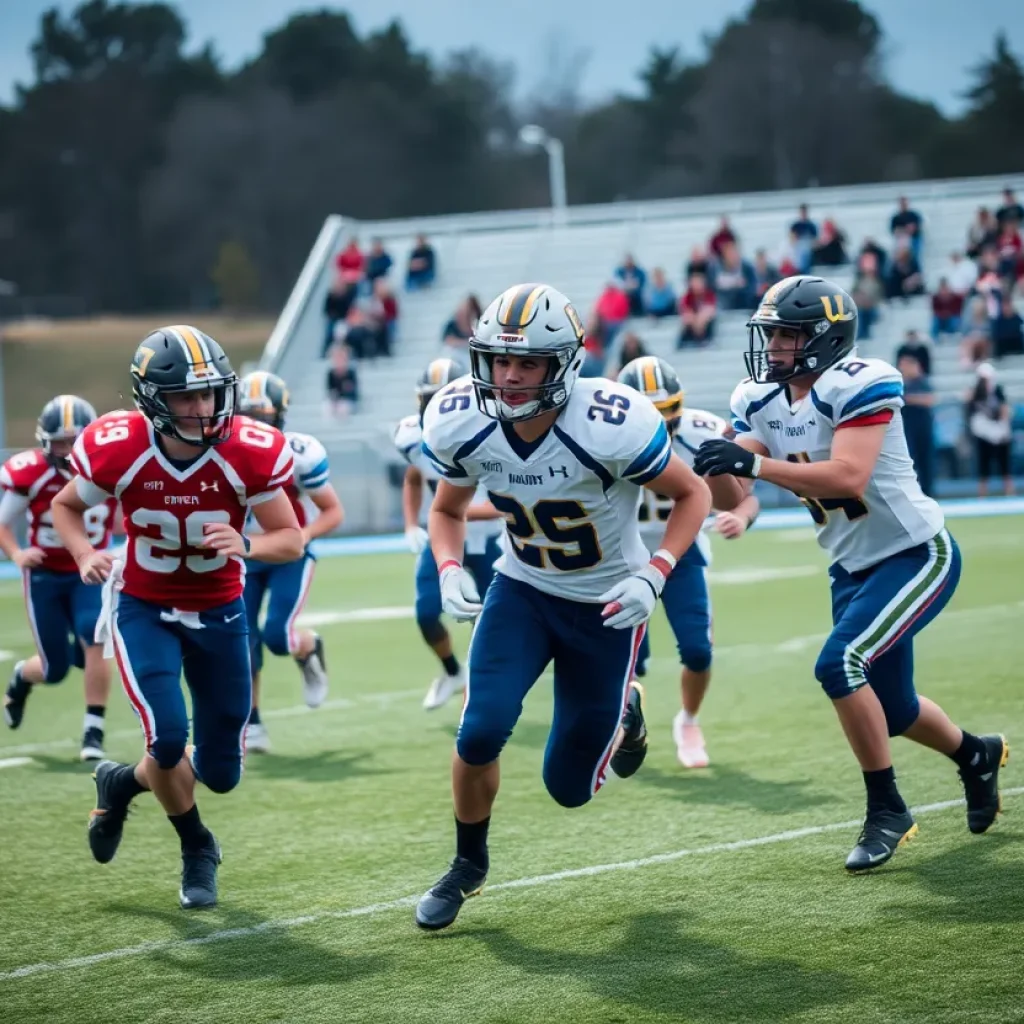 Players from Villa Angela-St. Joseph and Benedictine competing on the football field.