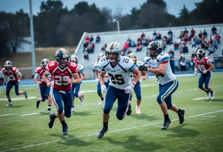 Players from Villa Angela-St. Joseph and Benedictine competing on the football field.