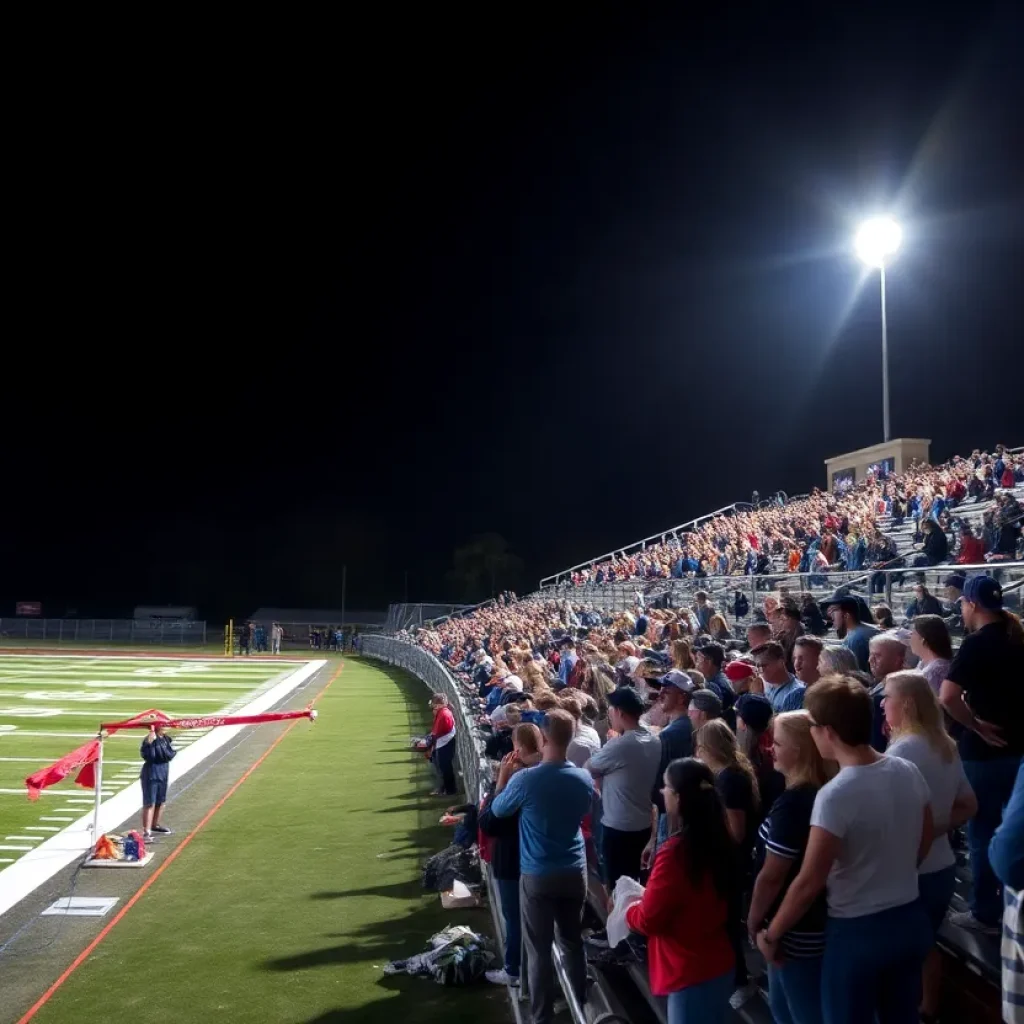 High school football players in action under the stadium lights.