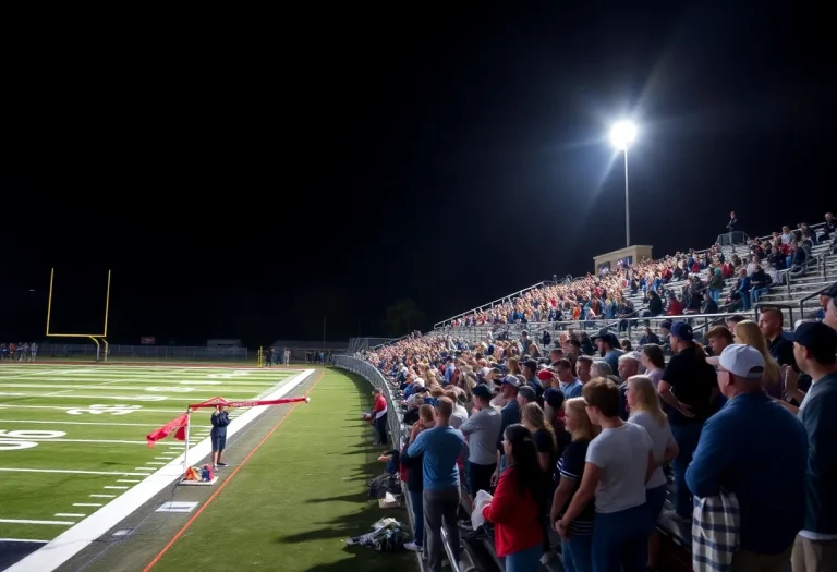 High school football players in action under the stadium lights.
