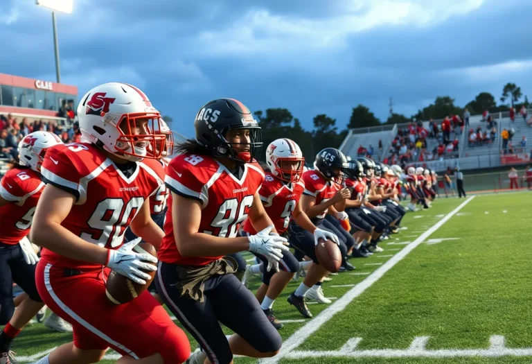 High school football players competing fiercely on the field