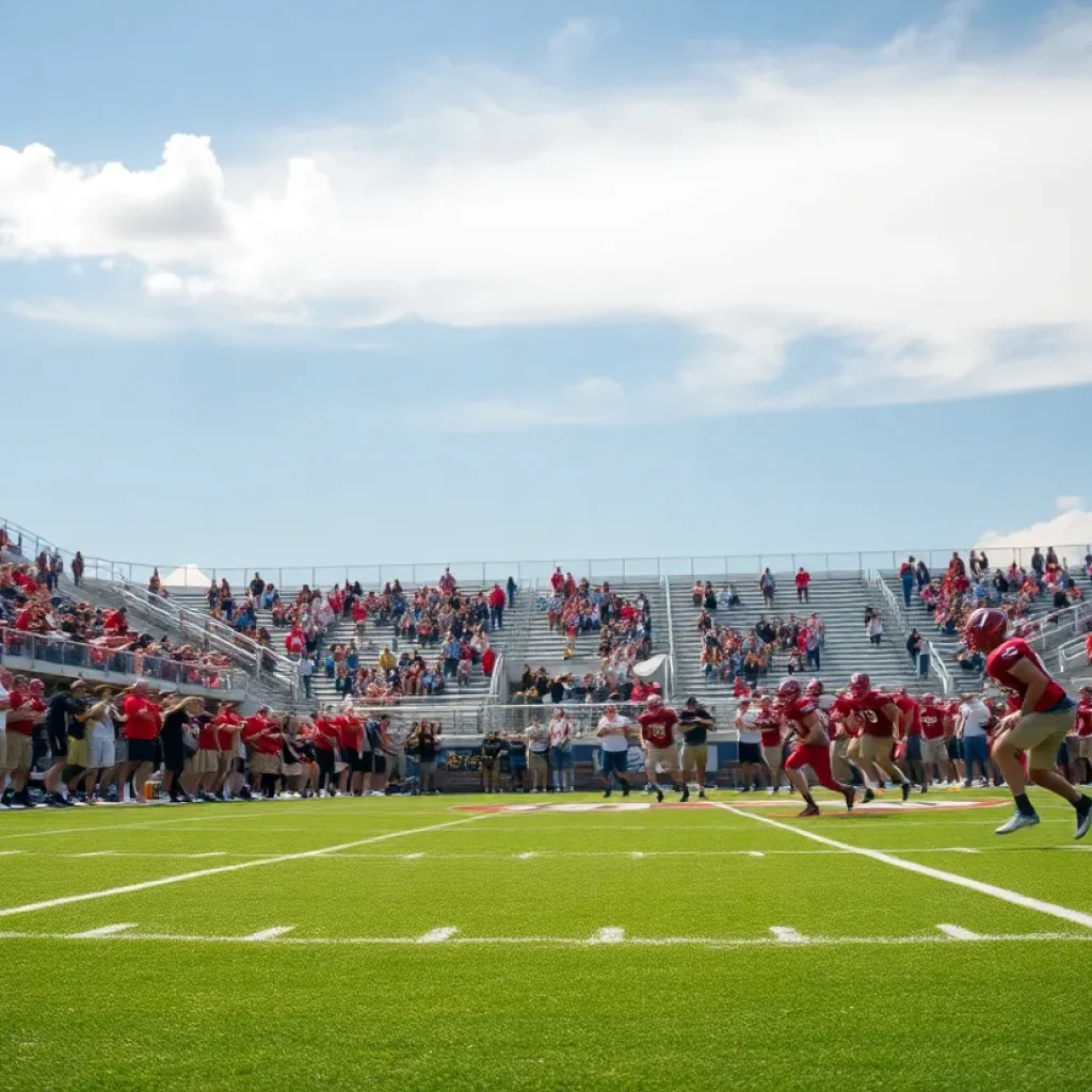 High school football game in action with players and fans.
