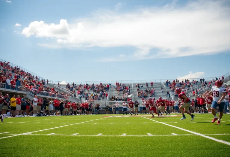 High school football game in action with players and fans.