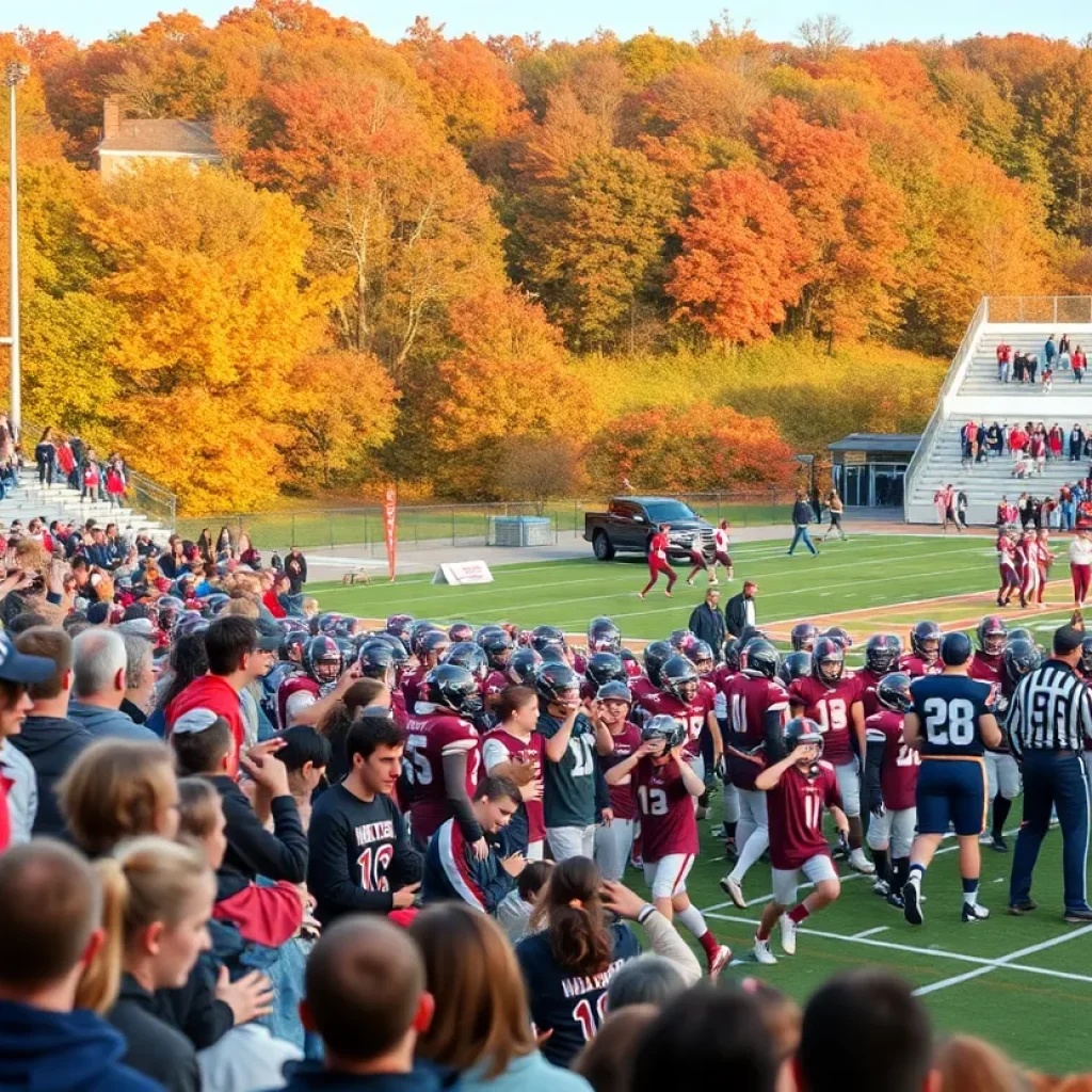 High school football players on the field during a playoff game in autumn