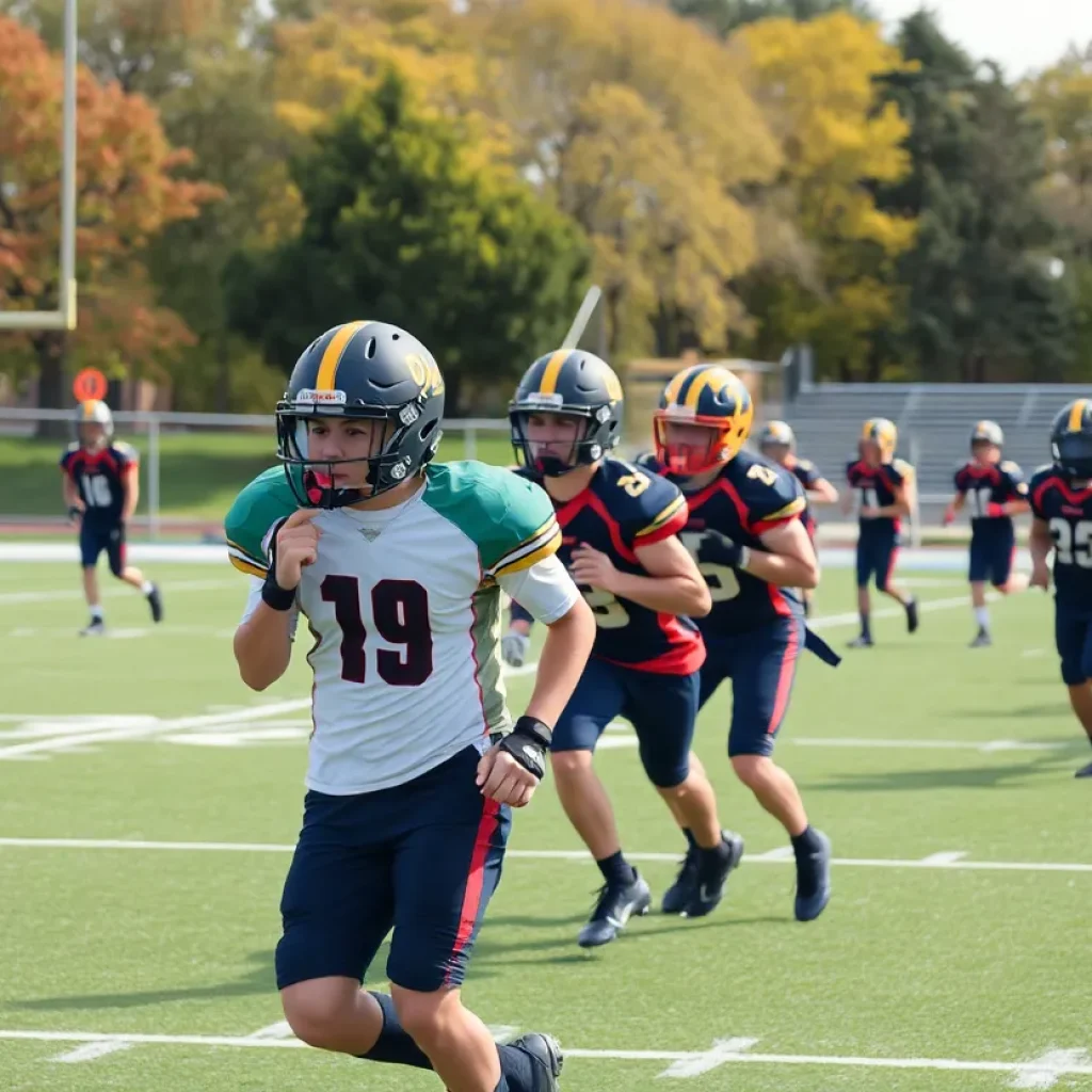 Students practicing high school football on field