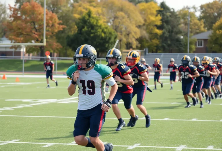 Students practicing high school football on field
