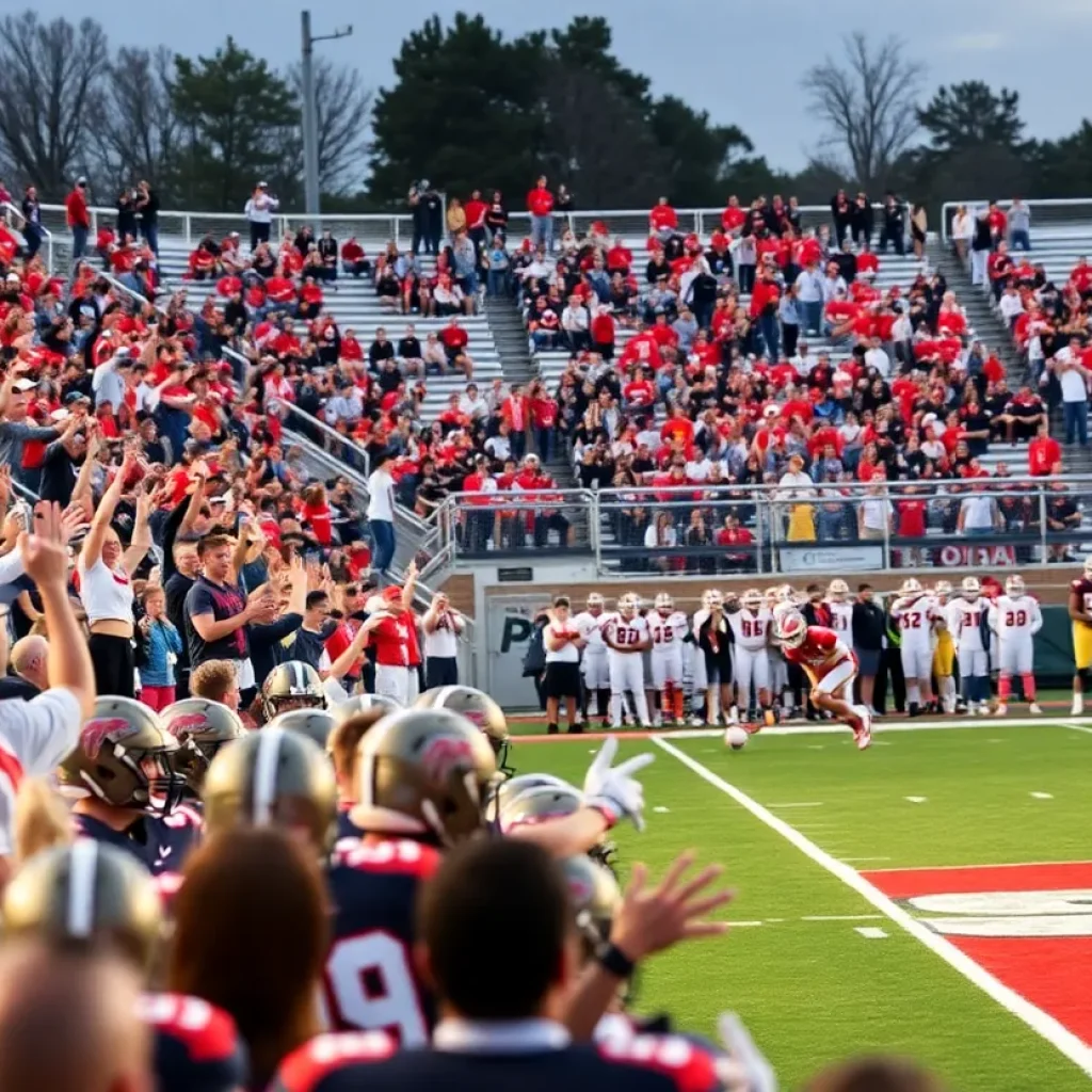 Exciting moment from a high school football game with players in action.