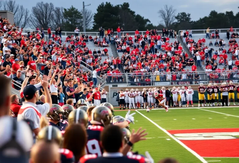 Exciting moment from a high school football game with players in action.