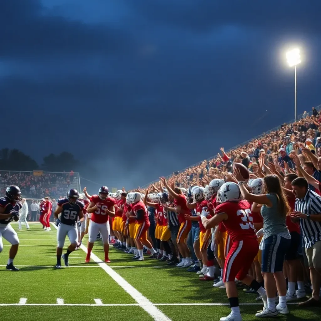 Players in a high school football game under stadium lights