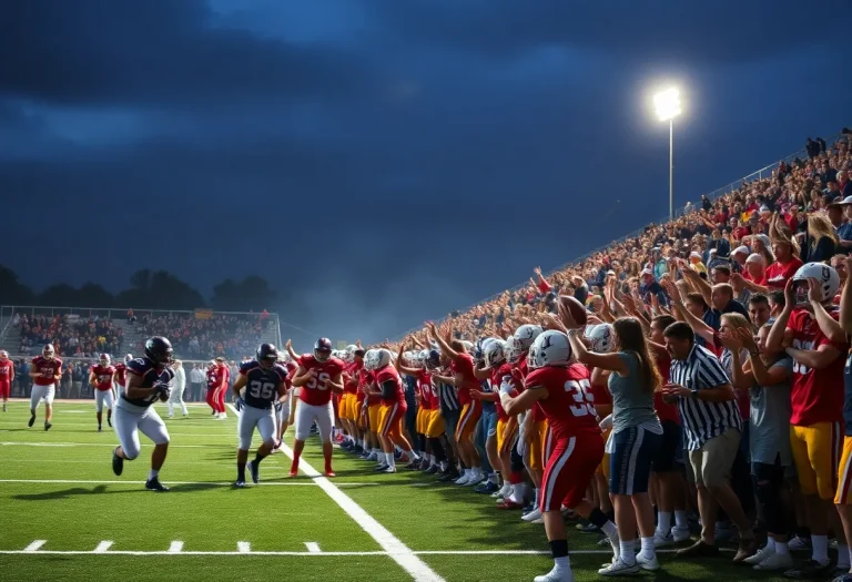Players in a high school football game under stadium lights