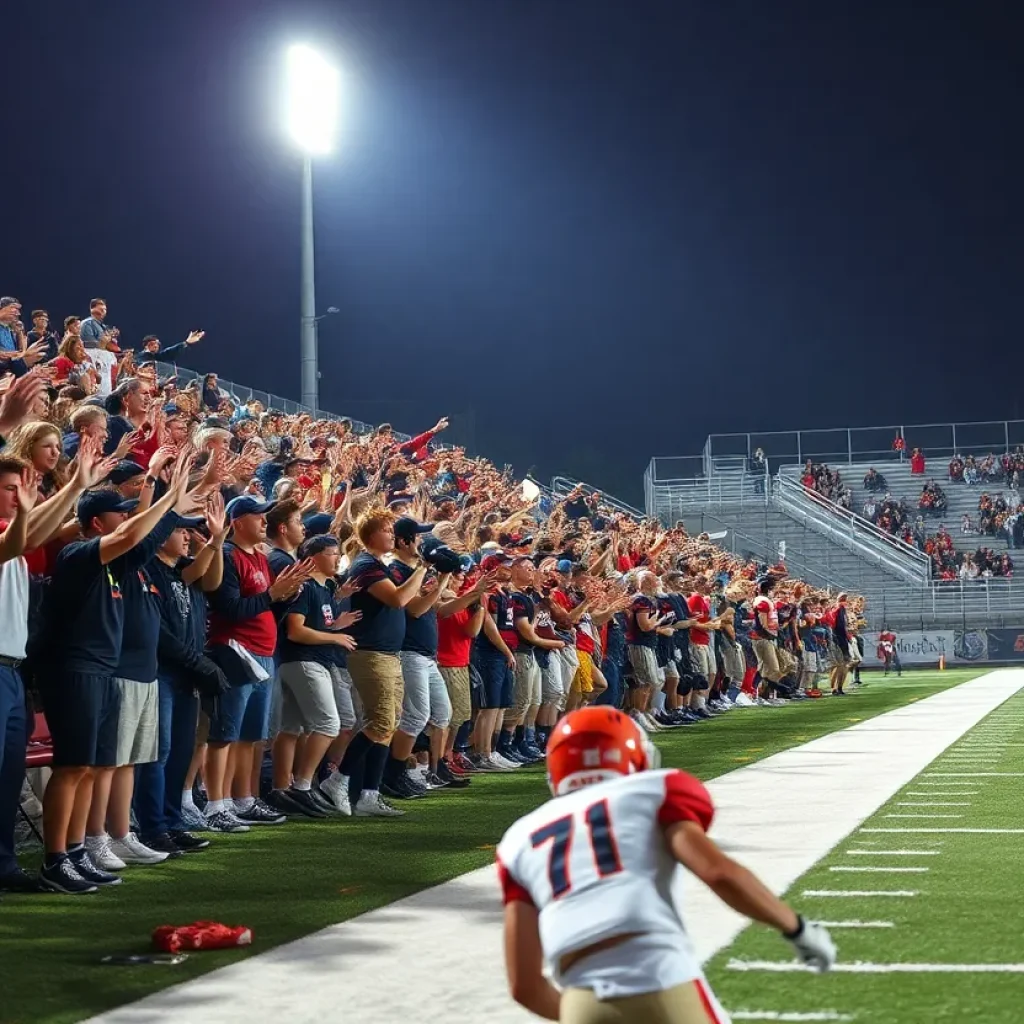 High school football game with players in action under stadium lights