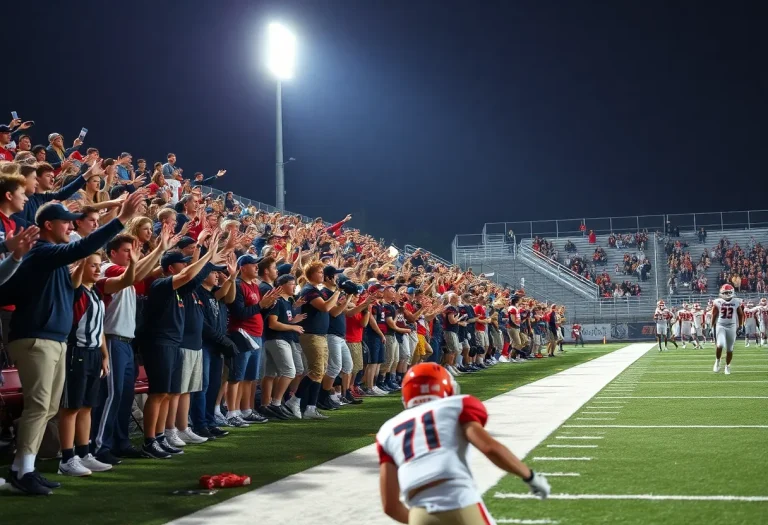 High school football game with players in action under stadium lights