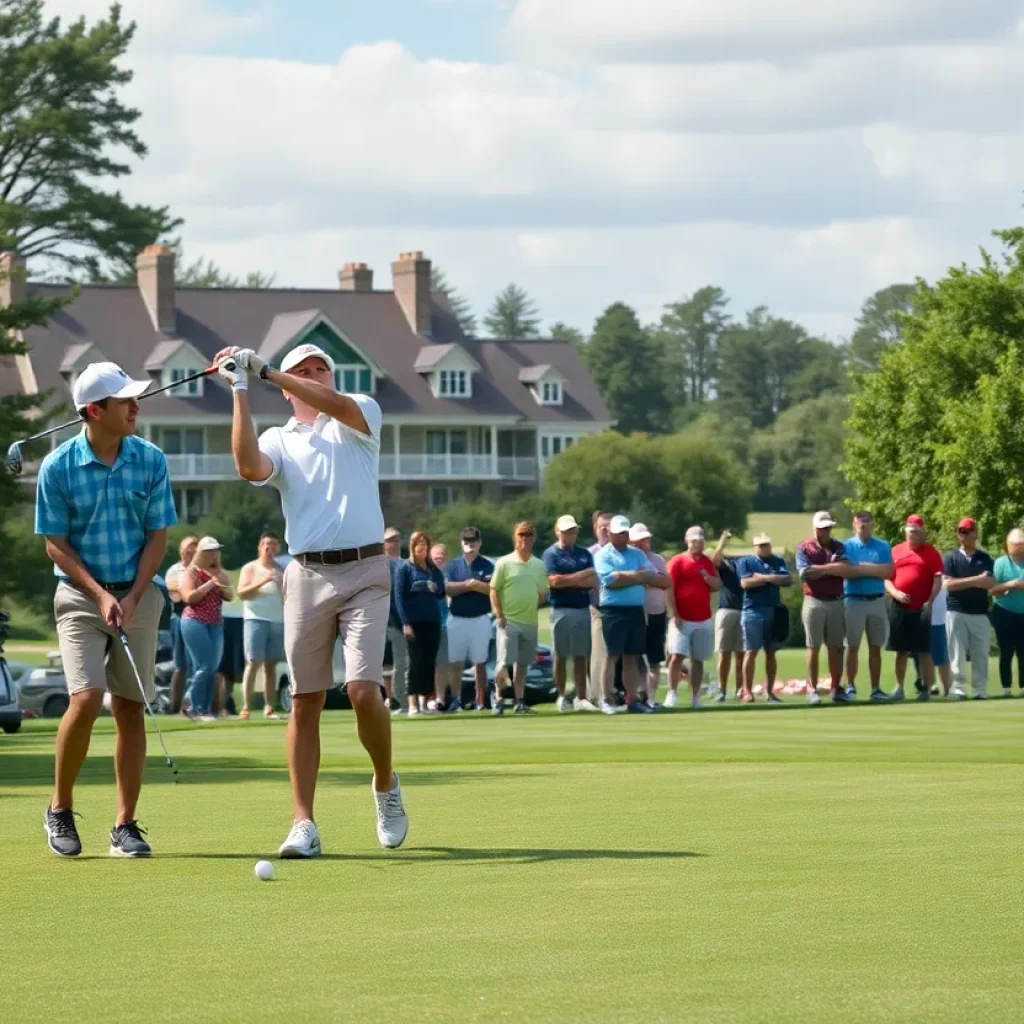 High school students competing in a golf tournament at a scenic country club.