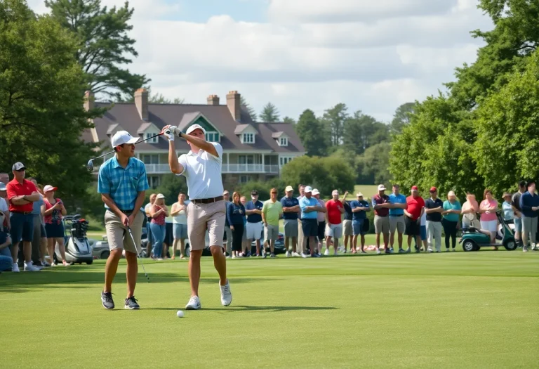 High school students competing in a golf tournament at a scenic country club.