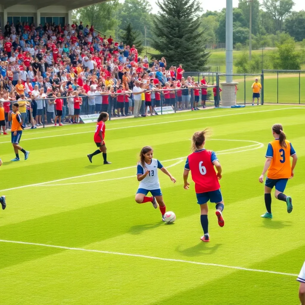 Students playing soccer on a sunny school field.