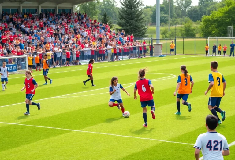 Students playing soccer on a sunny school field.