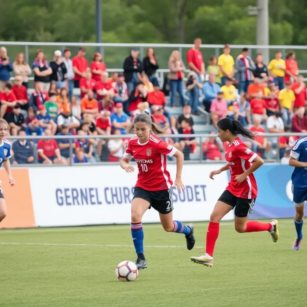 High school soccer players competing on the field.