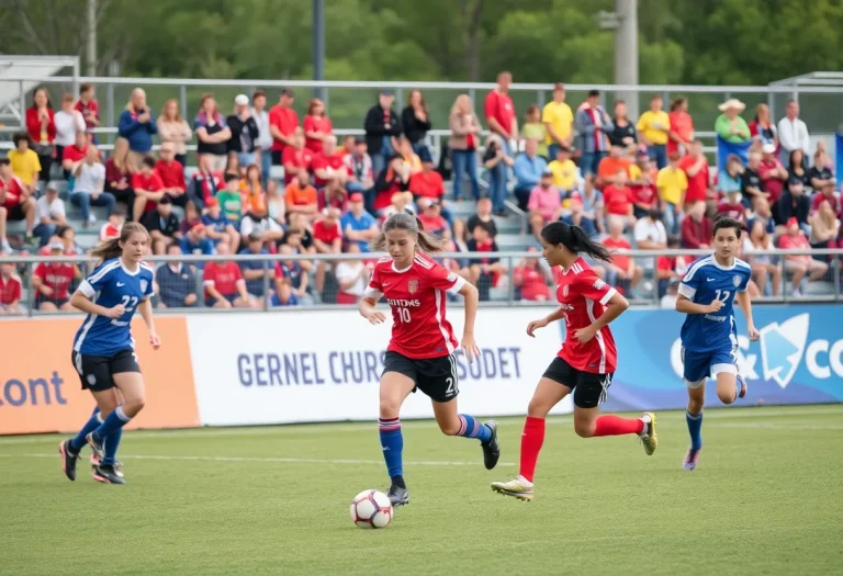 High school soccer players competing on the field.
