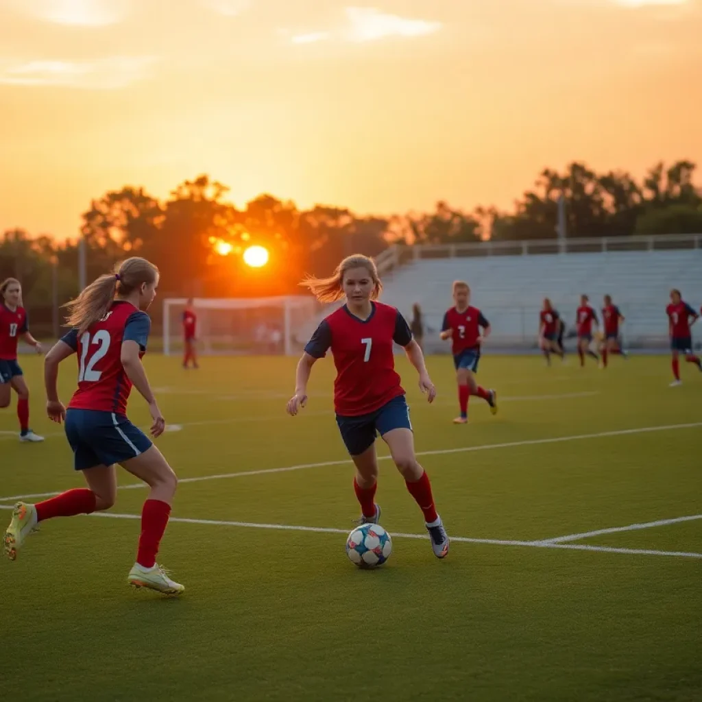 High school soccer players competing in a match