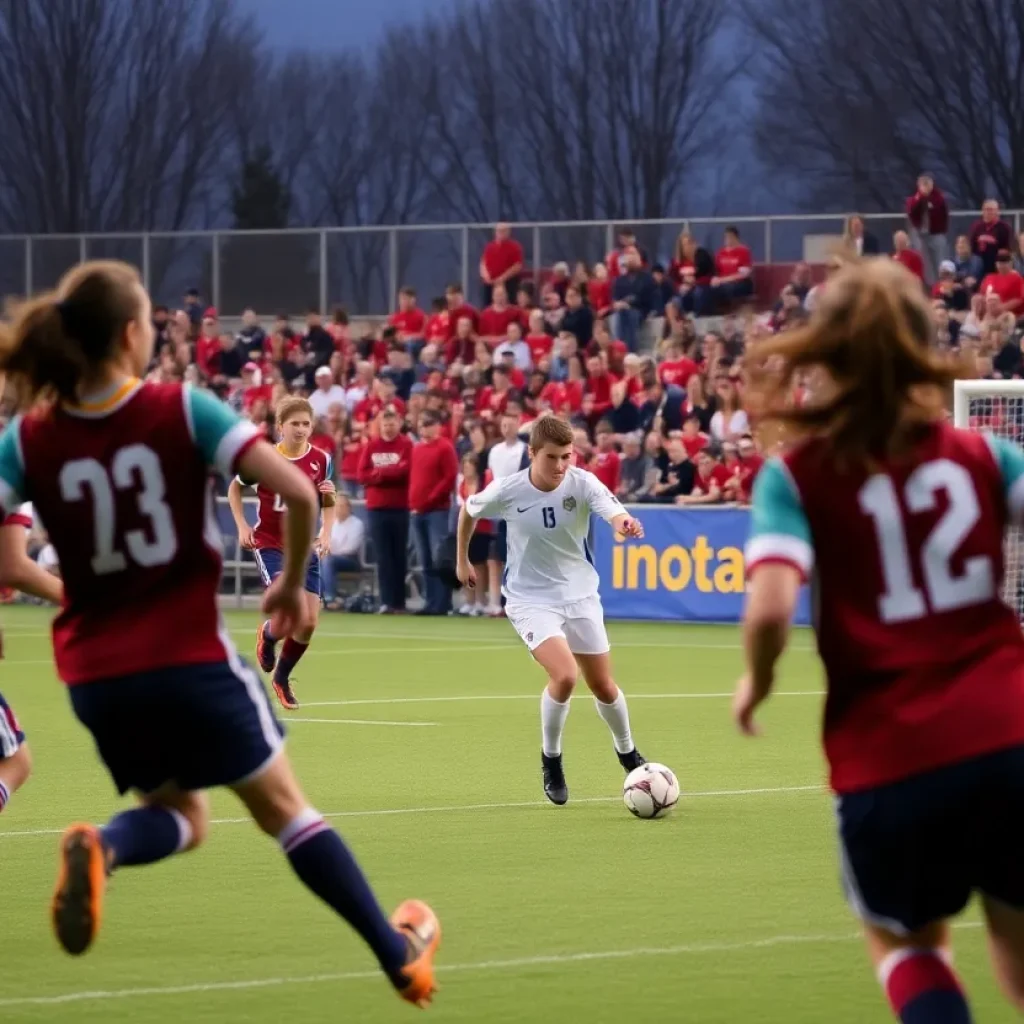 High school soccer match with players in action