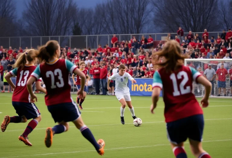 High school soccer match with players in action