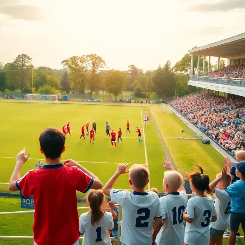 High school soccer match with players competing on the field.