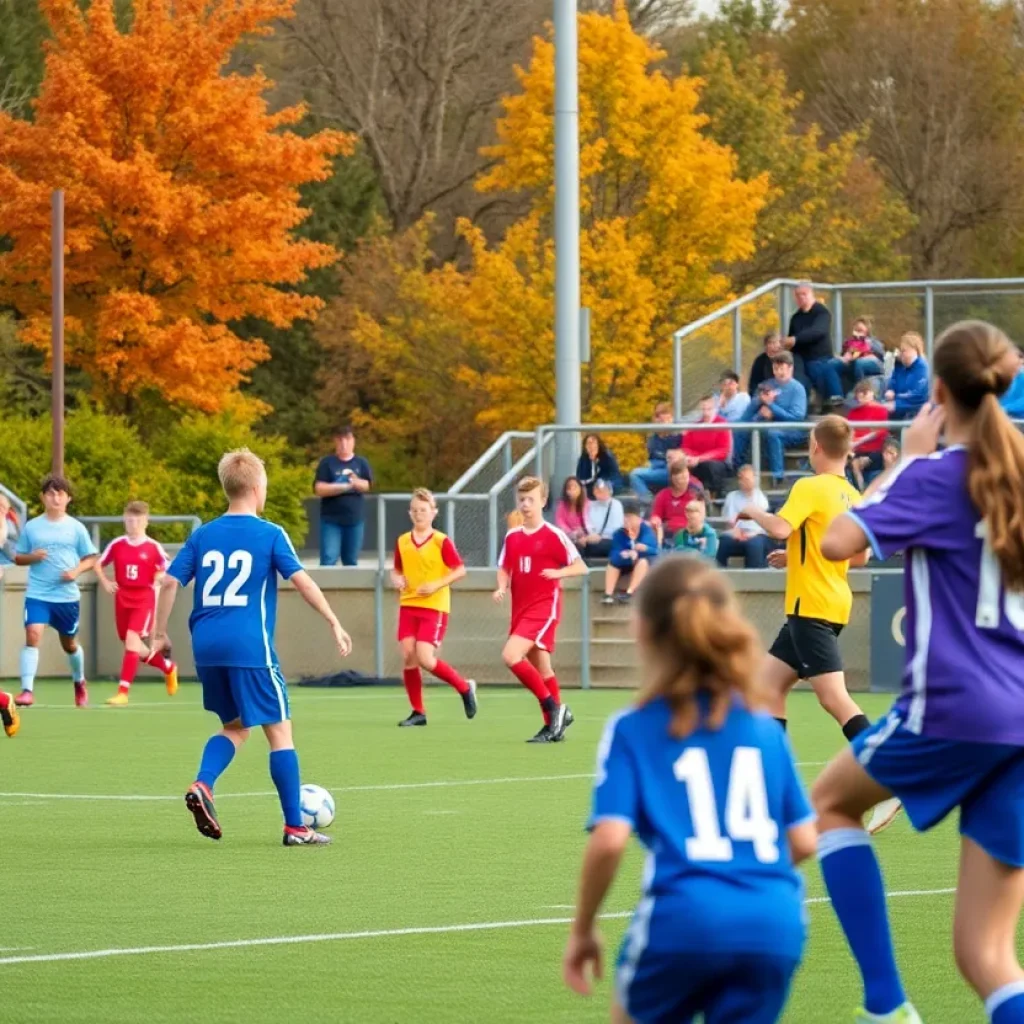 High school soccer players competing on the field during the quarterfinals.