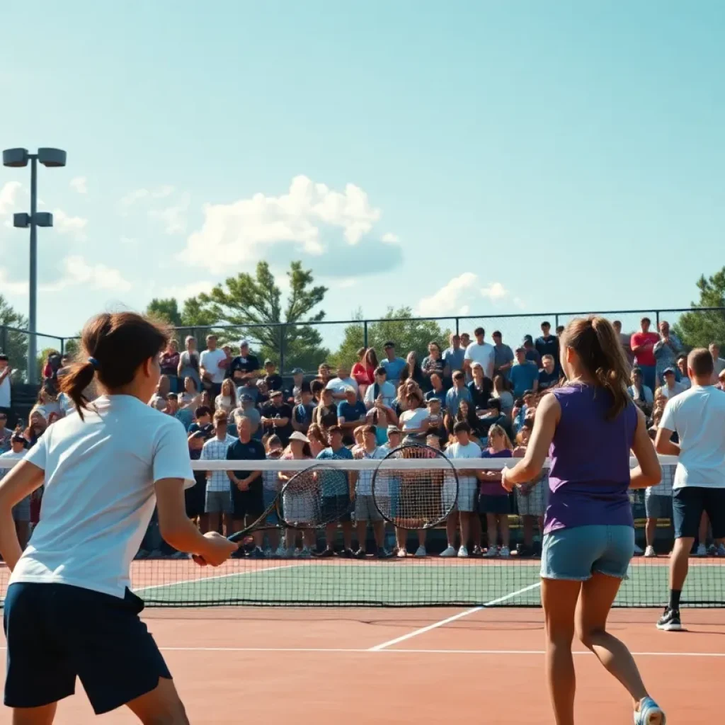 Exciting scene of a high school tennis match with players competing at a lively tennis court.