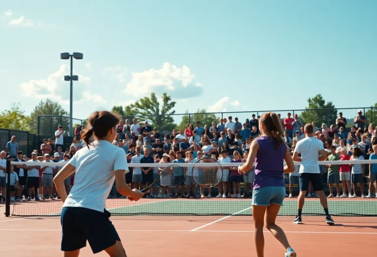 Exciting scene of a high school tennis match with players competing at a lively tennis court.