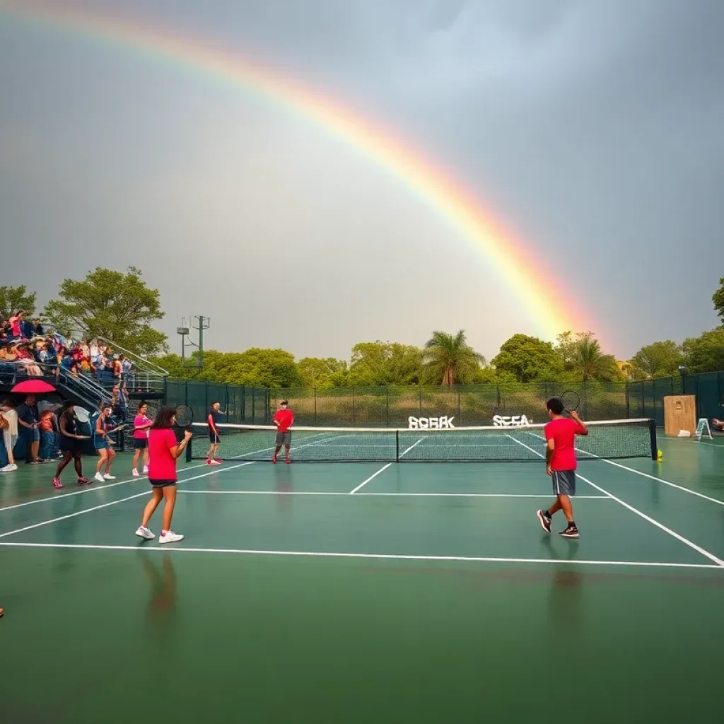 High school tennis players practice on a rain-soaked court with fans holding umbrellas in the background.