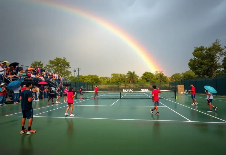 High school tennis players practice on a rain-soaked court with fans holding umbrellas in the background.