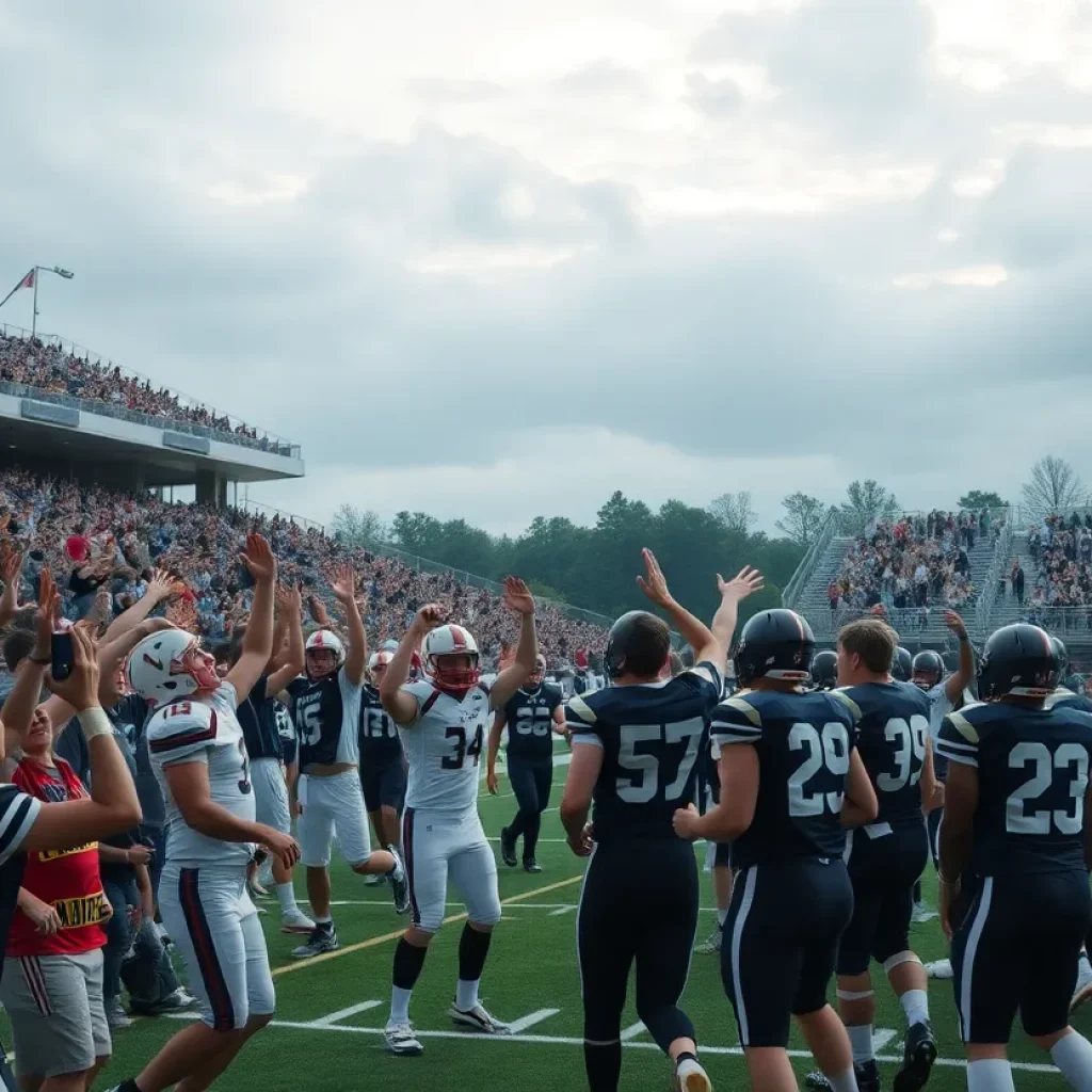 Homewood Patriots players celebrating their win in a football game.