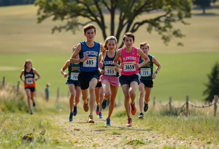 High school cross country runners competing in a race.