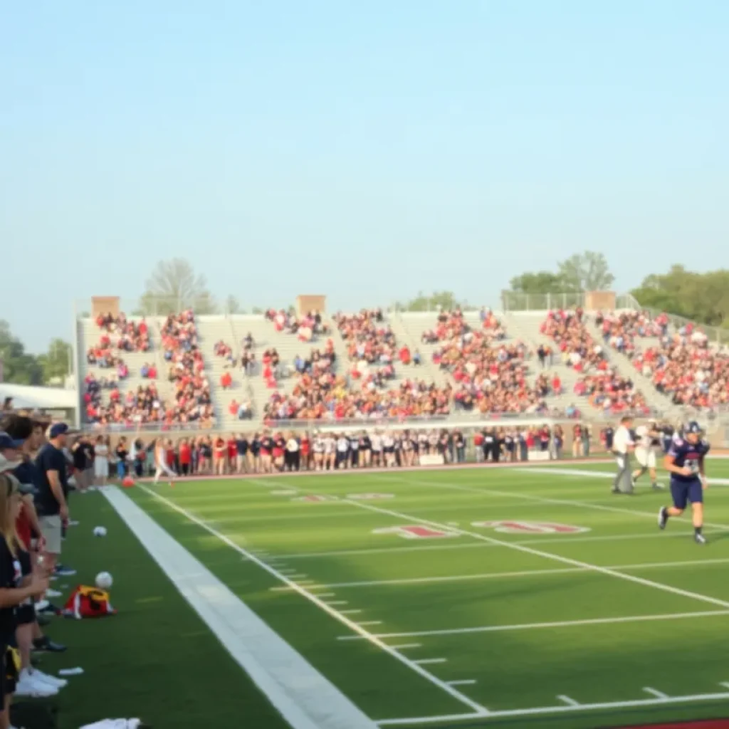 Players in action during an Indiana high school football game with fans cheering in the background.