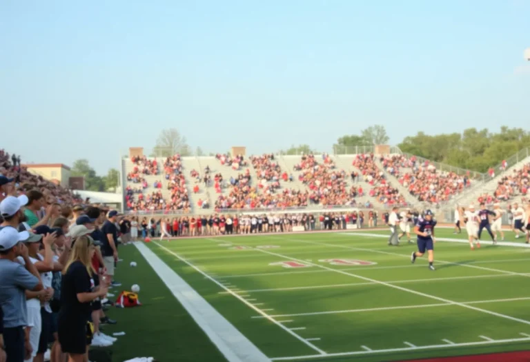 Players in action during an Indiana high school football game with fans cheering in the background.