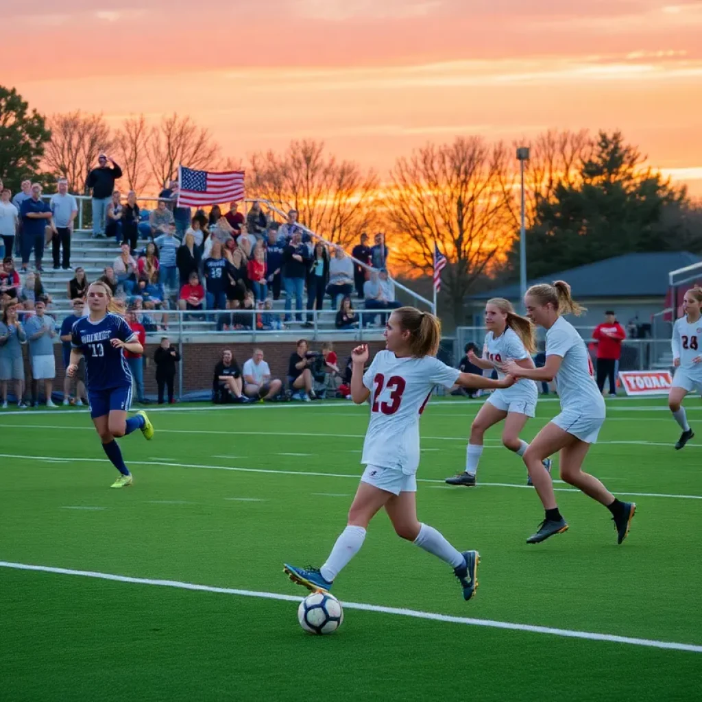 Players competing in a high school soccer match in Indiana with fans cheering on the sidelines.