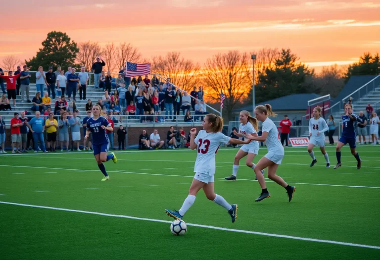 Players competing in a high school soccer match in Indiana with fans cheering on the sidelines.