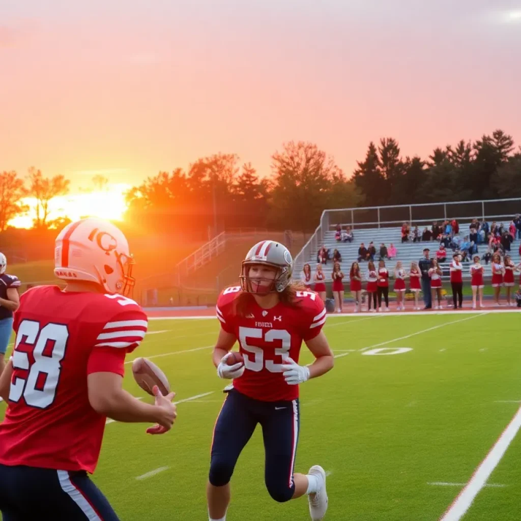 High school football game in Iowa with players and cheerleaders