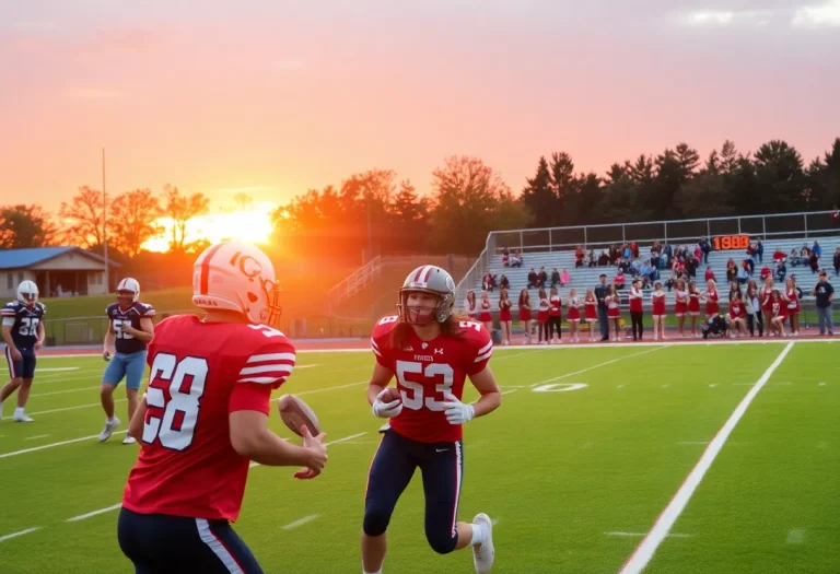 High school football game in Iowa with players and cheerleaders