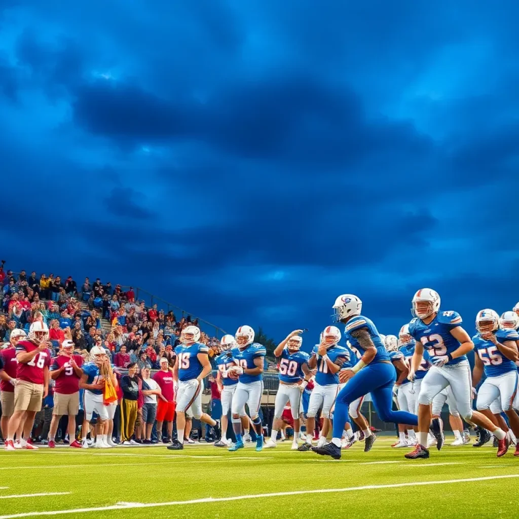 An energetic high school football game in Iowa with players on the field and cheering fans in the stands.