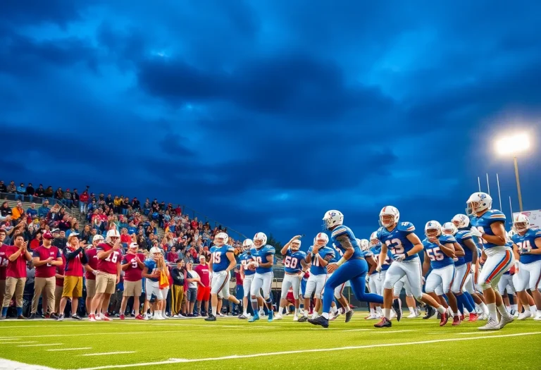 An energetic high school football game in Iowa with players on the field and cheering fans in the stands.