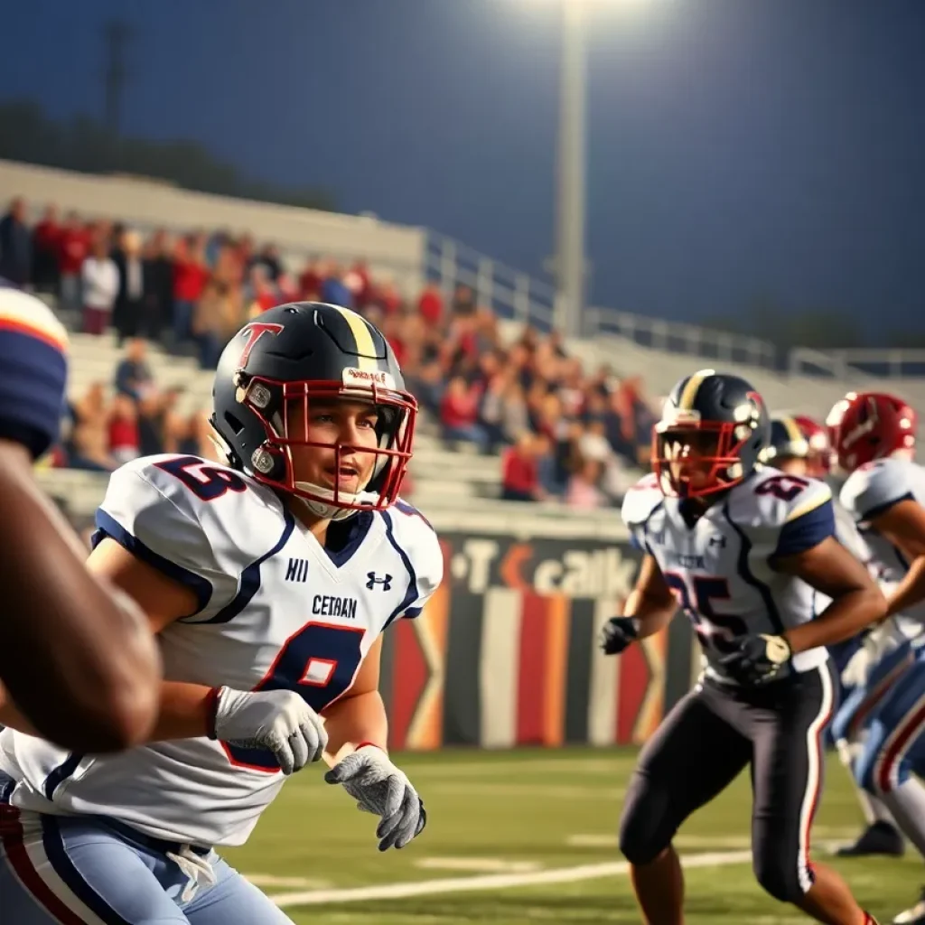 High school football players in action during a game
